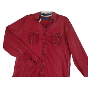 ROAR Signature Button Up Shirt Red Contrast Stitching Dyed Distressed Medium